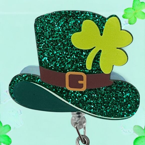 St. Patrick's Day Sparkling Green Hat ID Badge Holder 360-Degree Rotatable Clip - Picture 1 of 4